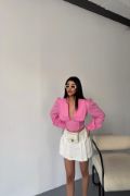 CROP POPLİN GÖMLEK YAKA KENAR DANTEL DETAYLI - Pembe resmi
